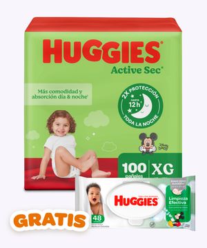 Combo Huggies Active Sec Xg X100 + Gratis Toalla Hum 48