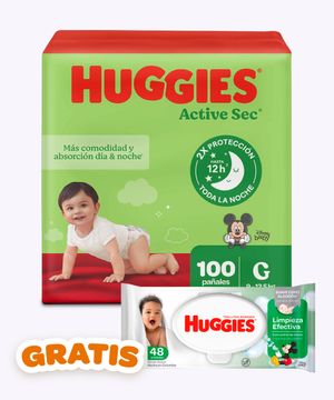Combo Huggies Active Sec G X100 + Gratis Toalla Hum 48